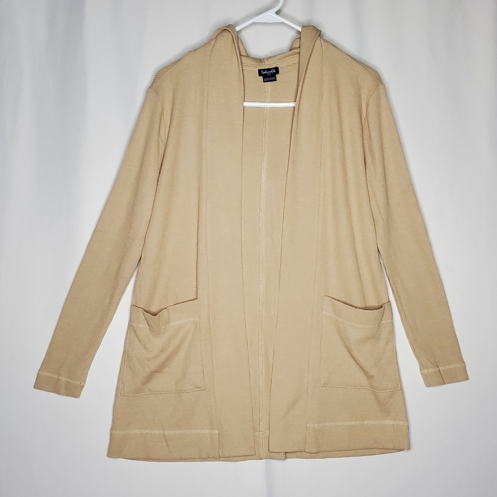 Splendid Waffle Knit Thermal Cardigan Women Small Beige Stretch Hood Pocket Open